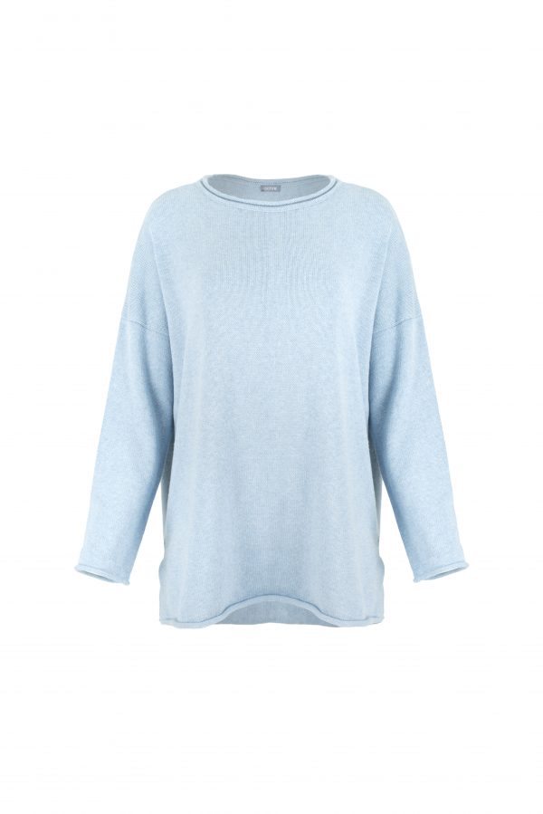 organic cotton jumper in denim marl by Ochre Knitwear, front view with relaxed fit, wide neckline and curved hem