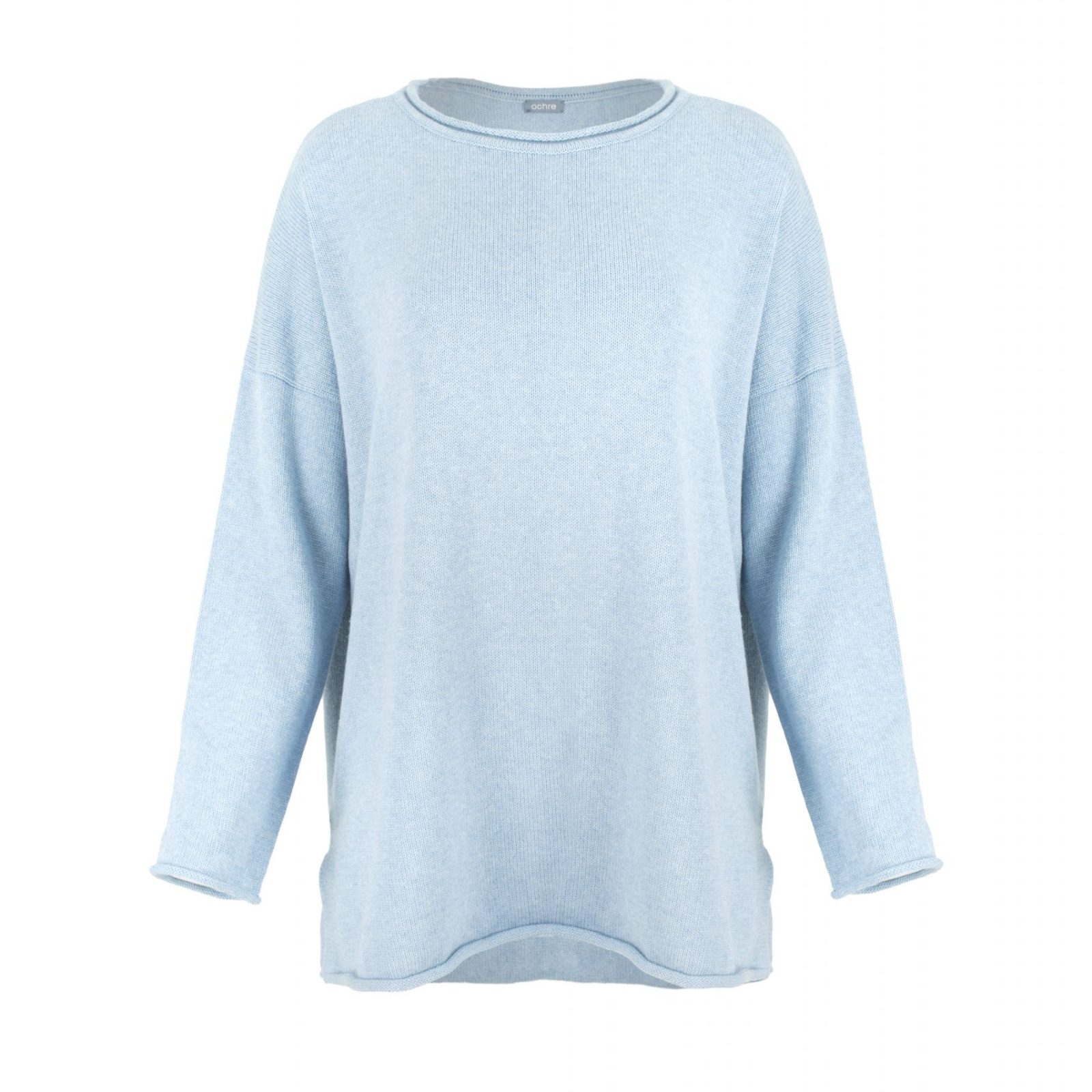 Jonah-organic-cotton-jumper-front - Ochre Knitwear organic cotton jumper in denim marl by Ochre Knitwear, front view with relaxed fit, wide neckline and curved hem