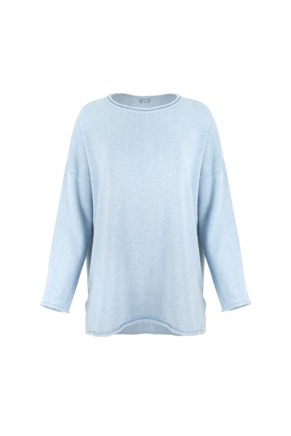 Jonah-organic-cotton-jumper-front - Ochre Knitwear organic cotton jumper in denim marl by Ochre Knitwear, front view with relaxed fit, wide neckline and curved hem