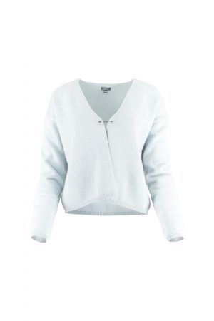 V-neck cardigan in cloud blue colour with long sleeves made of soft cashmere blend knitwear front view