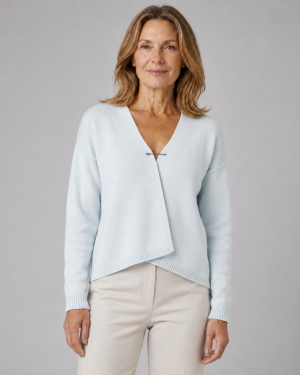Lola-V-neck-cardigan-cloud-blue-front-model Lola V-Neck Cardigan