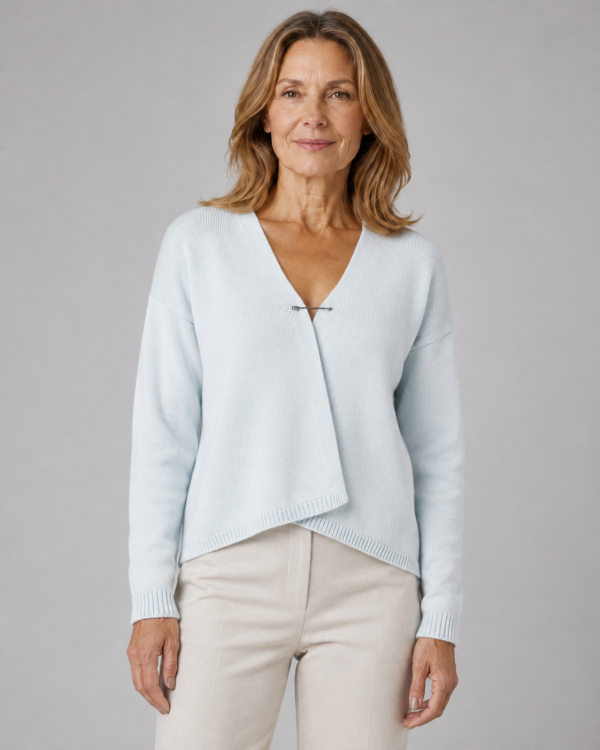 Lola-V-neck-cardigan-cloud-blue-front-model - Ochre Knitwear