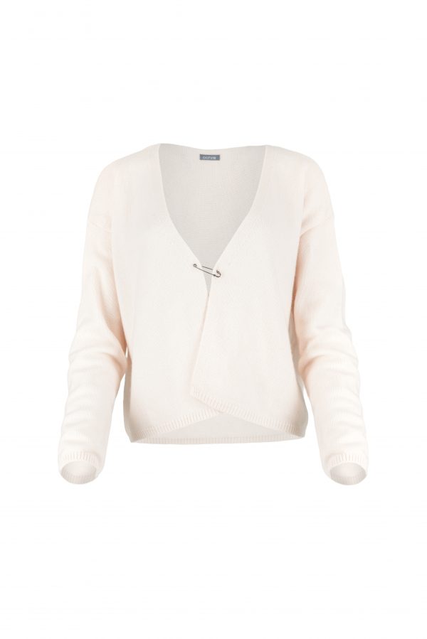 Lola-V-neck-cardigan-soft-pink-front - Ochre Knitwear V-neck cardigan in soft cashmere blend knitwear front view