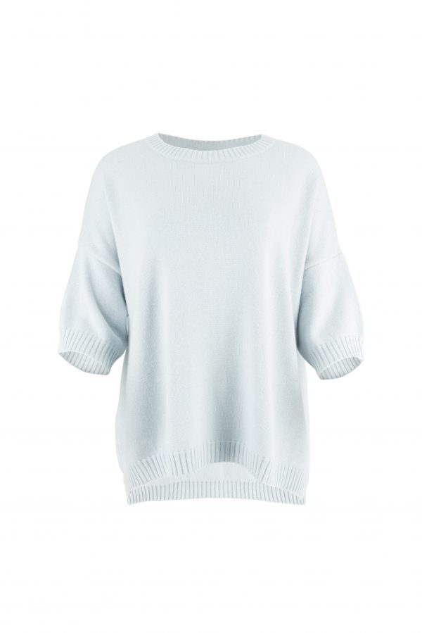 jumper featuring dropped shoulders, presented in a vibrant cloud blue colour, and shown from the front view
