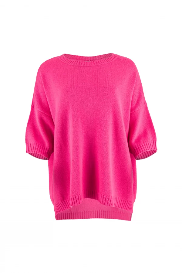 jumper featuring dropped shoulders, presented in a vibrant fluro pink colour, and shown from the front view