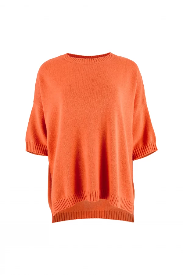 jumper featuring dropped shoulders, presented in a vibrant orange peel colour, and shown from the front view