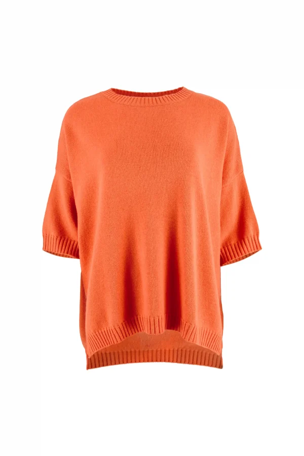 jumper featuring dropped shoulders, presented in a vibrant orange peel colour, and shown from the front view