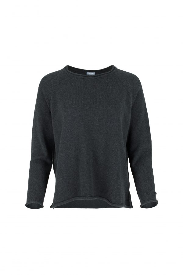 organic cotton jumper with raglan long sleeves, rolled hem and cuffs with side split in black colour, front view
