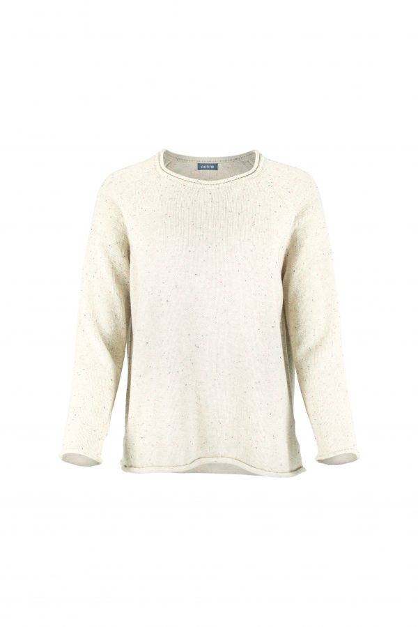 organic cotton jumper with raglan long sleeves, rolled hem and cuffs with side split in fleck natural colour, front view