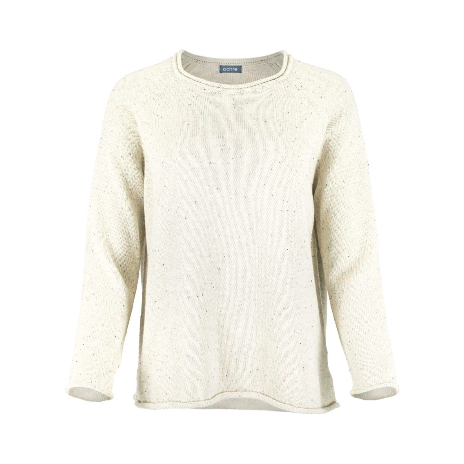 organic cotton jumper with raglan long sleeves, rolled hem and cuffs with side split in fleck natural colour, front view