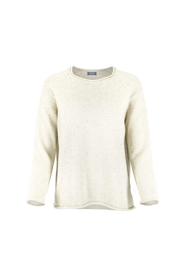 organic cotton jumper with raglan long sleeves, rolled hem and cuffs with side split in fleck natural colour, front view