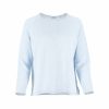 organic cotton jumper with raglan long sleeves, rolled hem and cuffs with side split in fleck pearl blue colour, front view