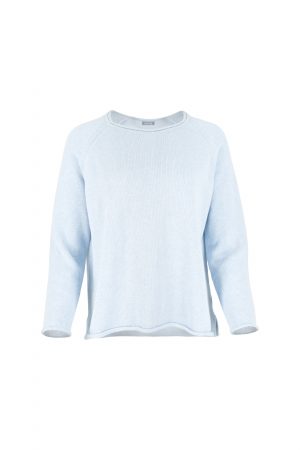 organic cotton jumper with raglan long sleeves, rolled hem and cuffs with side split in fleck pearl blue colour, front view