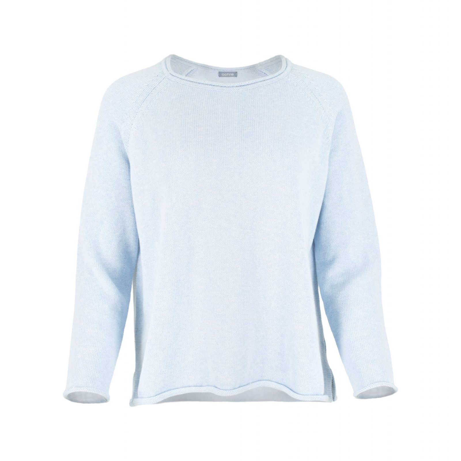 organic cotton jumper with raglan long sleeves, rolled hem and cuffs with side split in fleck pearl blue colour, front view