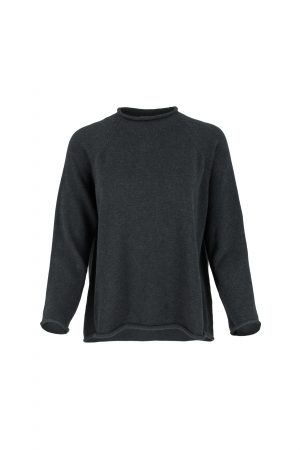 cotton jumper by Ochre Knitwear, front view with rolled neckline, raglan sleeves and softly curved hem