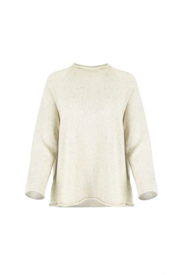 cotton jumper by Ochre Knitwear, front view with rolled neckline, raglan sleeves and softly curved hem