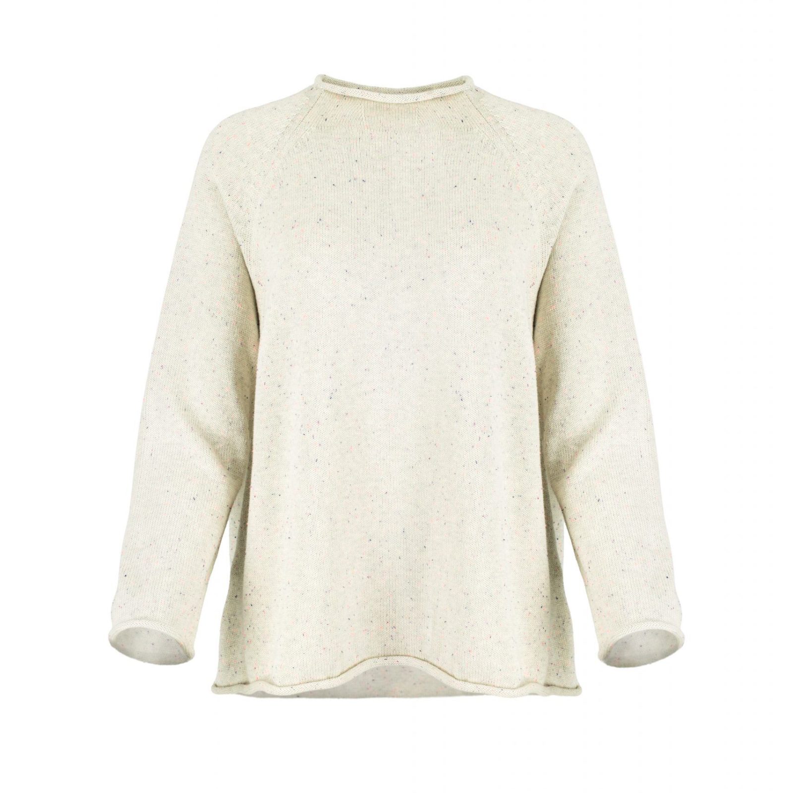 cotton jumper by Ochre Knitwear, front view with rolled neckline, raglan sleeves and softly curved hem