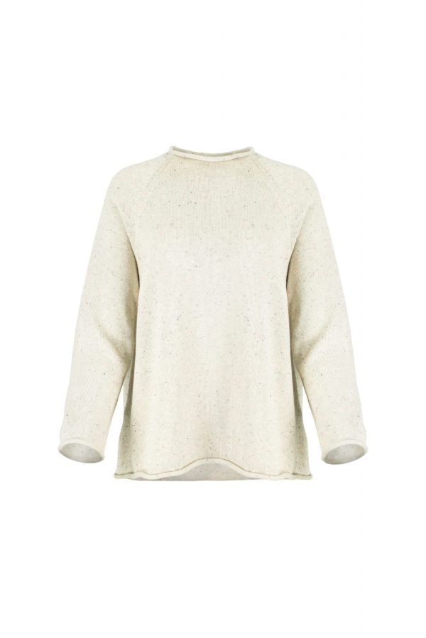 cotton jumper by Ochre Knitwear, front view with rolled neckline, raglan sleeves and softly curved hem