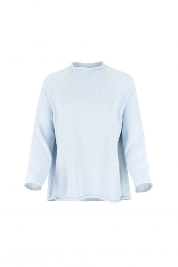 cotton jumper by Ochre Knitwear, front view with rolled neckline, raglan sleeves and softly curved hem