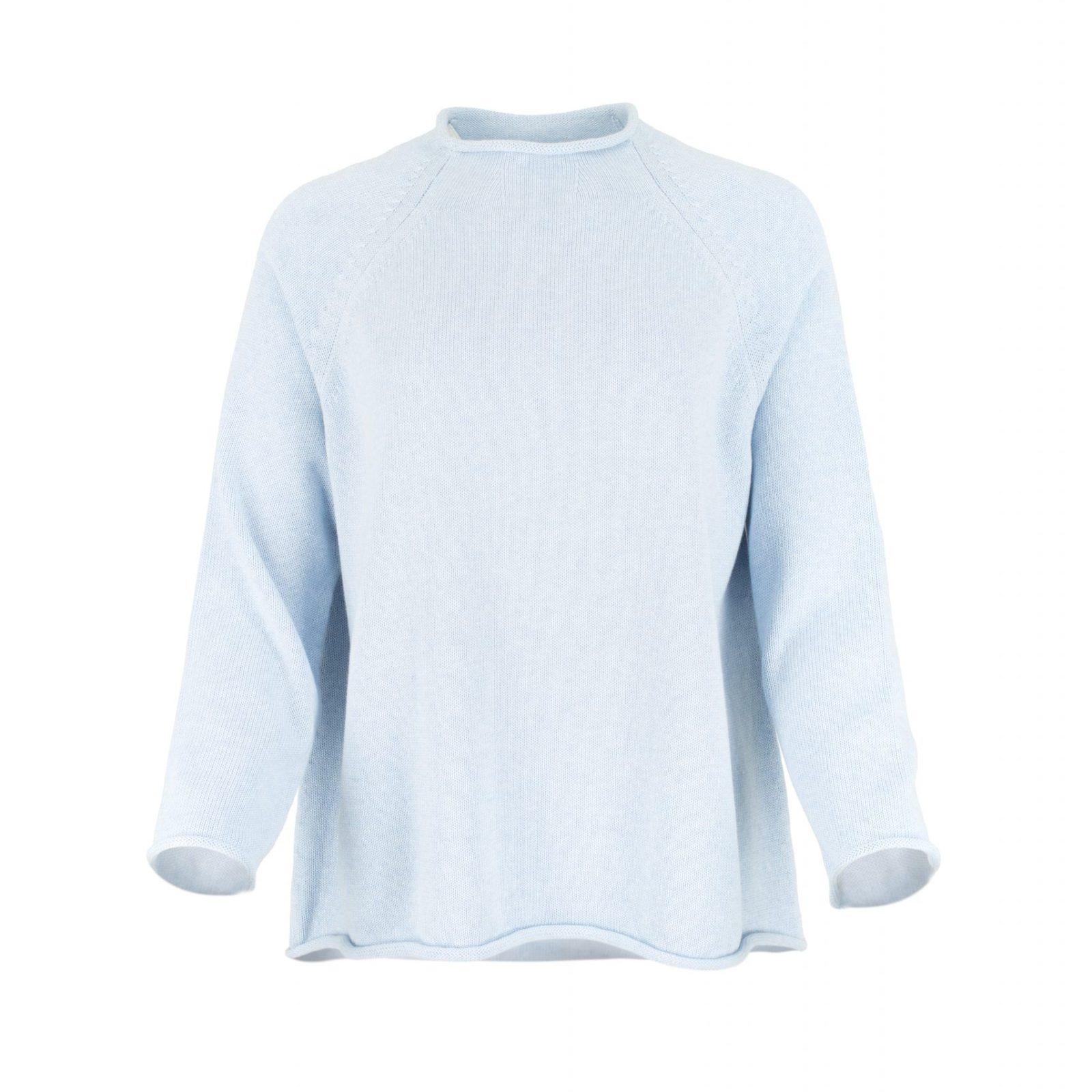 cotton jumper by Ochre Knitwear, front view with rolled neckline, raglan sleeves and softly curved hem