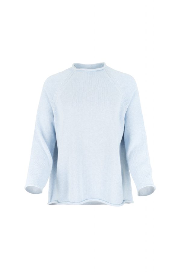 cotton jumper by Ochre Knitwear, front view with rolled neckline, raglan sleeves and softly curved hem
