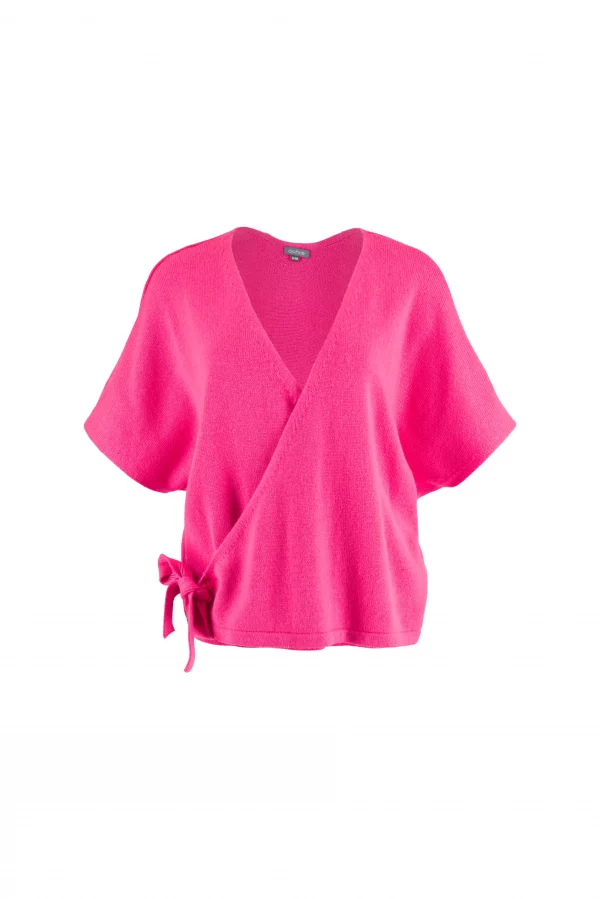 wrap tie knit top with front tie detail, fluro pink colour