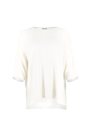 high low knit jumper in cashmere blend with boat neckline and relaxed silhouette profile view