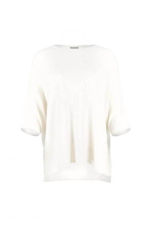 high low knit jumper in cashmere blend with boat neckline and relaxed silhouette profile view