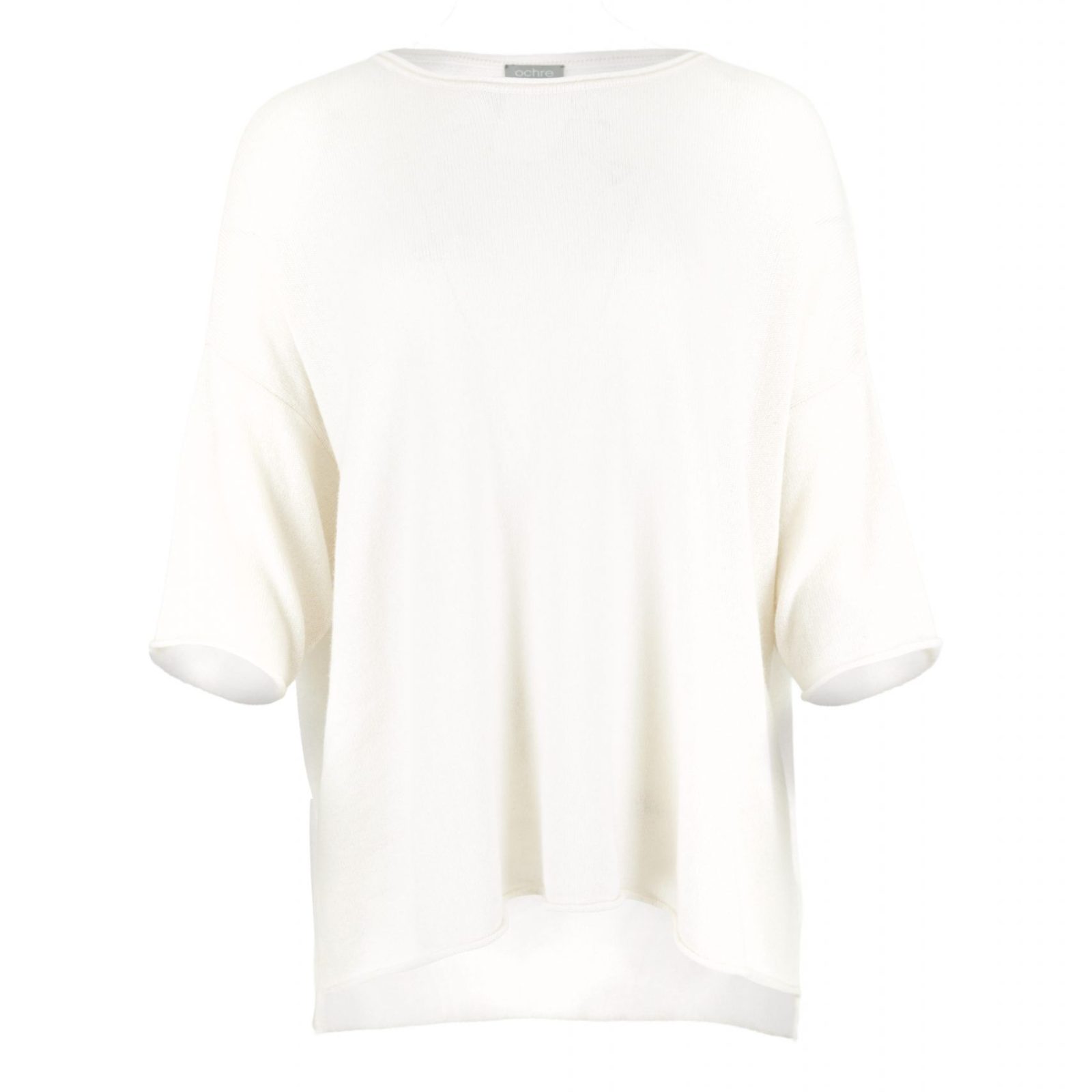 high low knit jumper in cashmere blend with boat neckline and relaxed silhouette profile view