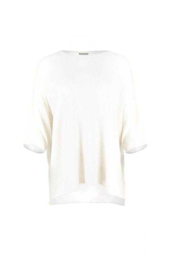 high low knit jumper in cashmere blend with boat neckline and relaxed silhouette profile view