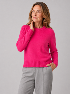 lilia-crew-neck-jumper-fluro-pink-colour-front-model crew neck cashmere blend jumper with ribbed neckline and hem front view