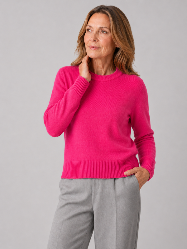lilia-crew-neck-jumper-fluro-pink-colour-front-model - Ochre Knitwear crew neck cashmere blend jumper with ribbed neckline and hem front view