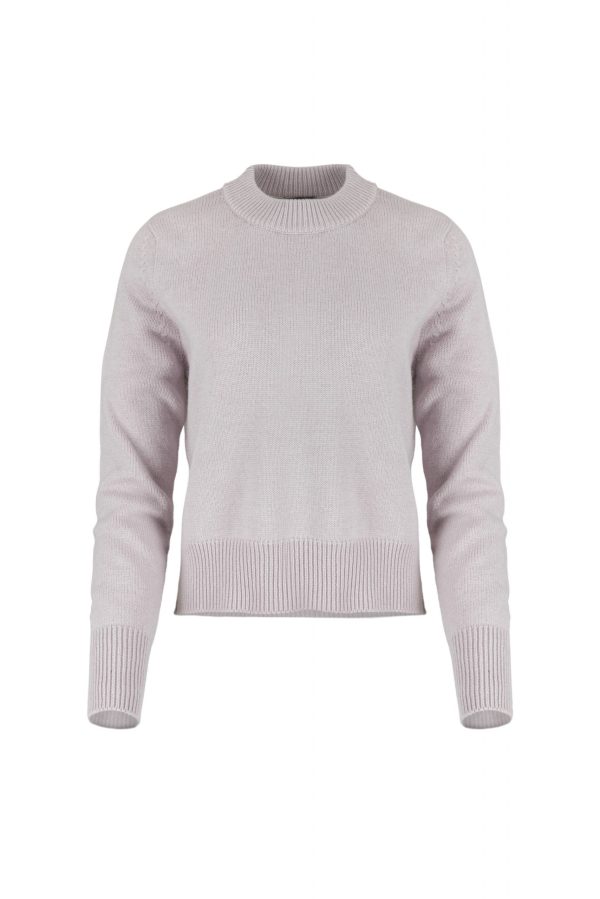 lilia-crew-neck-jumper-orchid-colour-front - Ochre Knitwear crew neck cashmere blend jumper with ribbed neckline and hem front view