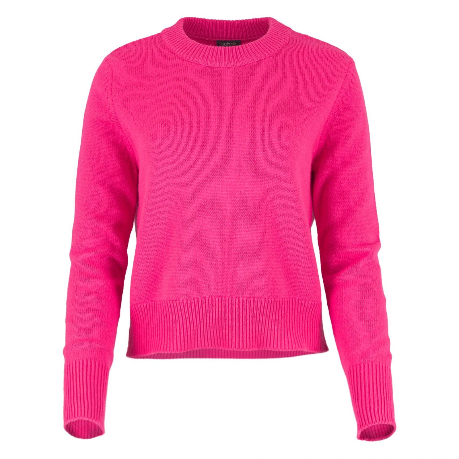 lilia-crew-neck-jumper-pink-colour-front - Ochre Knitwear crew neck cashmere blend jumper with ribbed neckline and hem front view