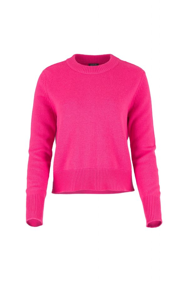 lilia-crew-neck-jumper-pink-colour-front - Ochre Knitwear crew neck cashmere blend jumper with ribbed neckline and hem front view