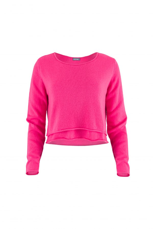 jumper with long sleeves, scooped neckline and double bodice layer in fluro pink colour