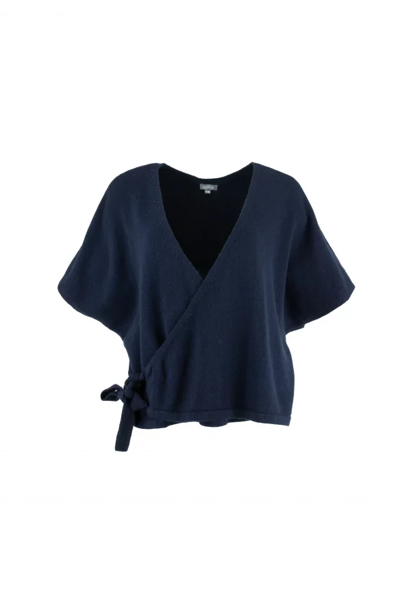 wrap-tie-knit-top-navy-front - Ochre Knitwear wrap tie knit top with front tie detail, navy colour
