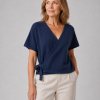 wrap-tie-knit-top-navy-front-model - Ochre Knitwear wrap tie knit top with front tie detail, navy colour, presented by mature female model