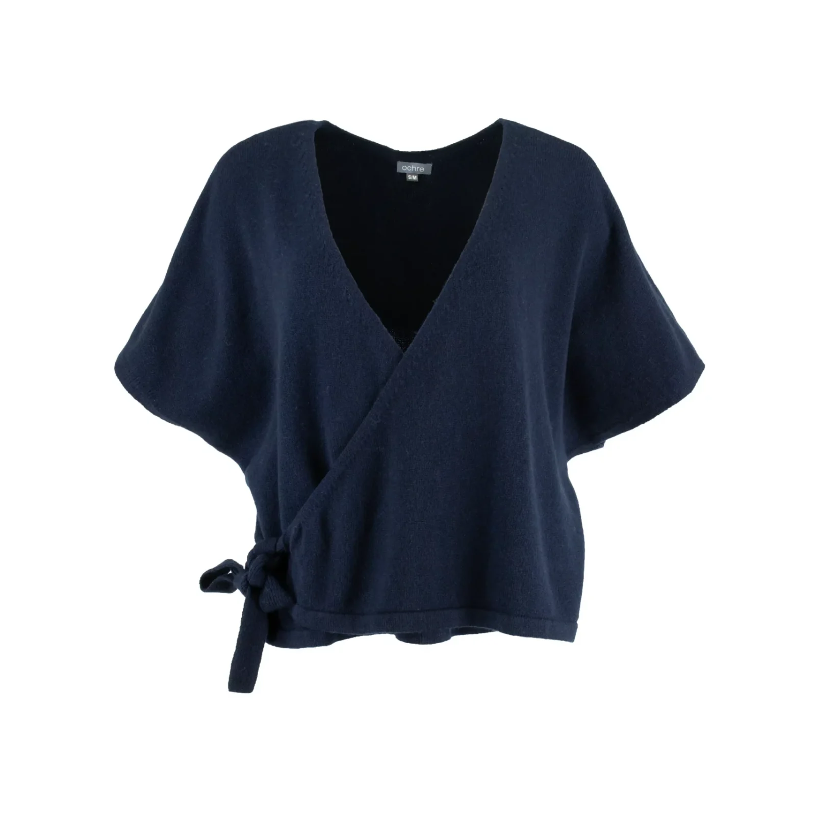 wrap-tie-knit-top-navy-front - Ochre Knitwear wrap tie knit top with front tie detail, navy colour