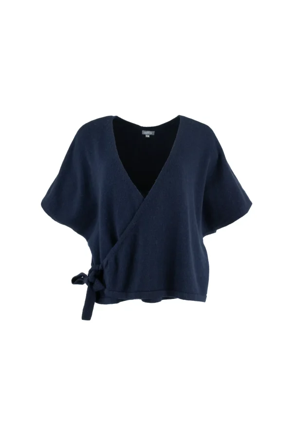 wrap-tie-knit-top-navy-front - Ochre Knitwear wrap tie knit top with front tie detail, navy colour