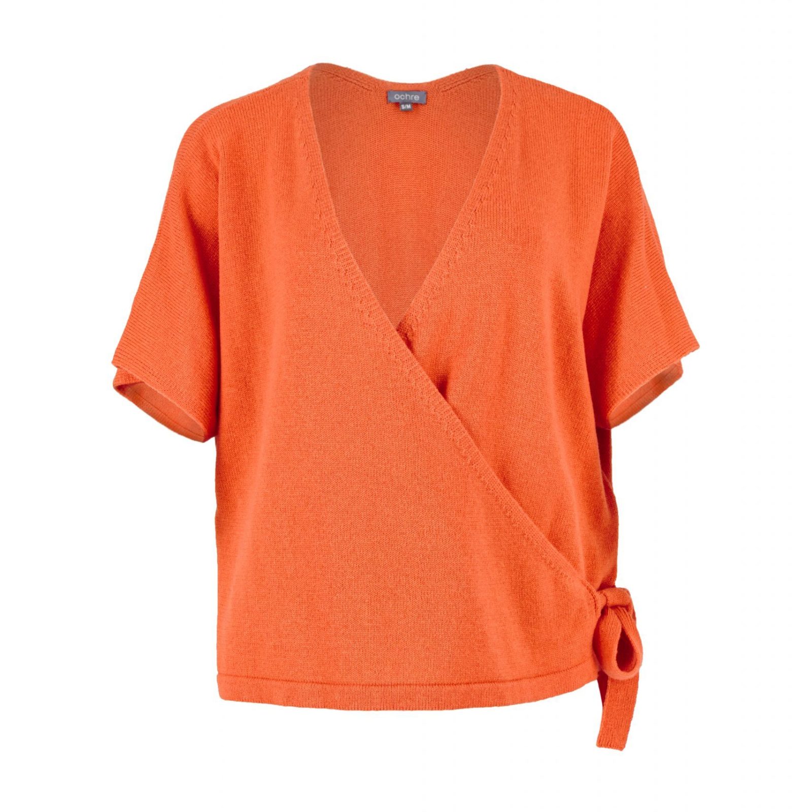 wrap-tie-knit-top-orange-peel-front - Ochre Knitwear Wrap tie knit top with front tie detail, orange peel colour