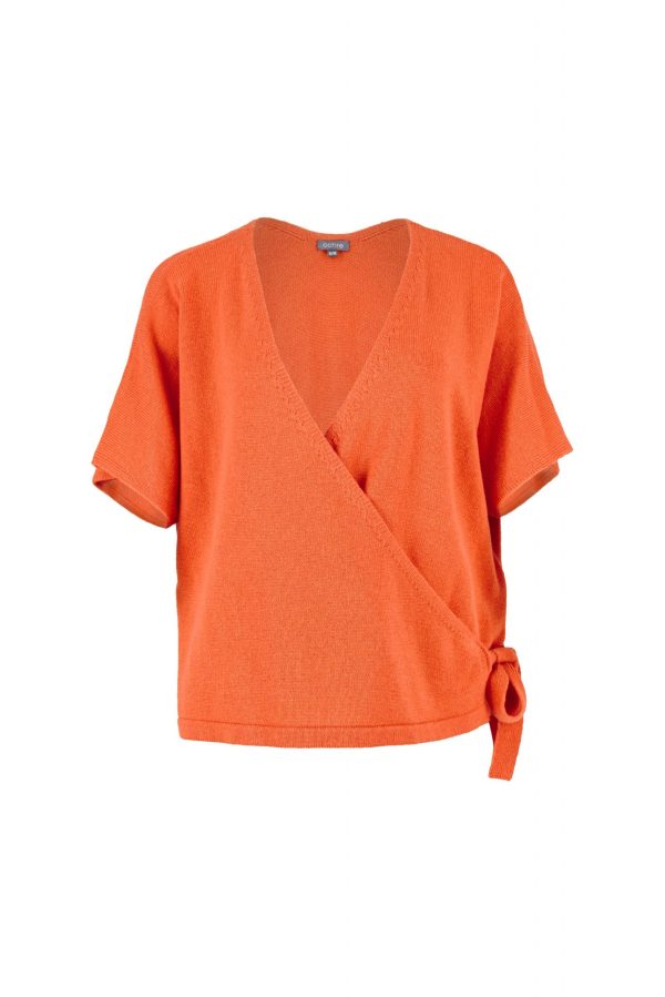 wrap-tie-knit-top-orange-peel-front - Ochre Knitwear Wrap tie knit top with front tie detail, orange peel colour