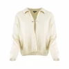 Carlota-cashmere-cardigan-buttermilk-front - Ochre Knitwear cashmere collared cardigan with pin fastening, relaxed fit in buttermilk colour, luxury women’s knitwear front view
