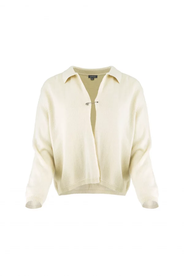 Carlota-cashmere-cardigan-buttermilk-front - Ochre Knitwear cashmere collared cardigan with pin fastening, relaxed fit in buttermilk colour, luxury women’s knitwear front view