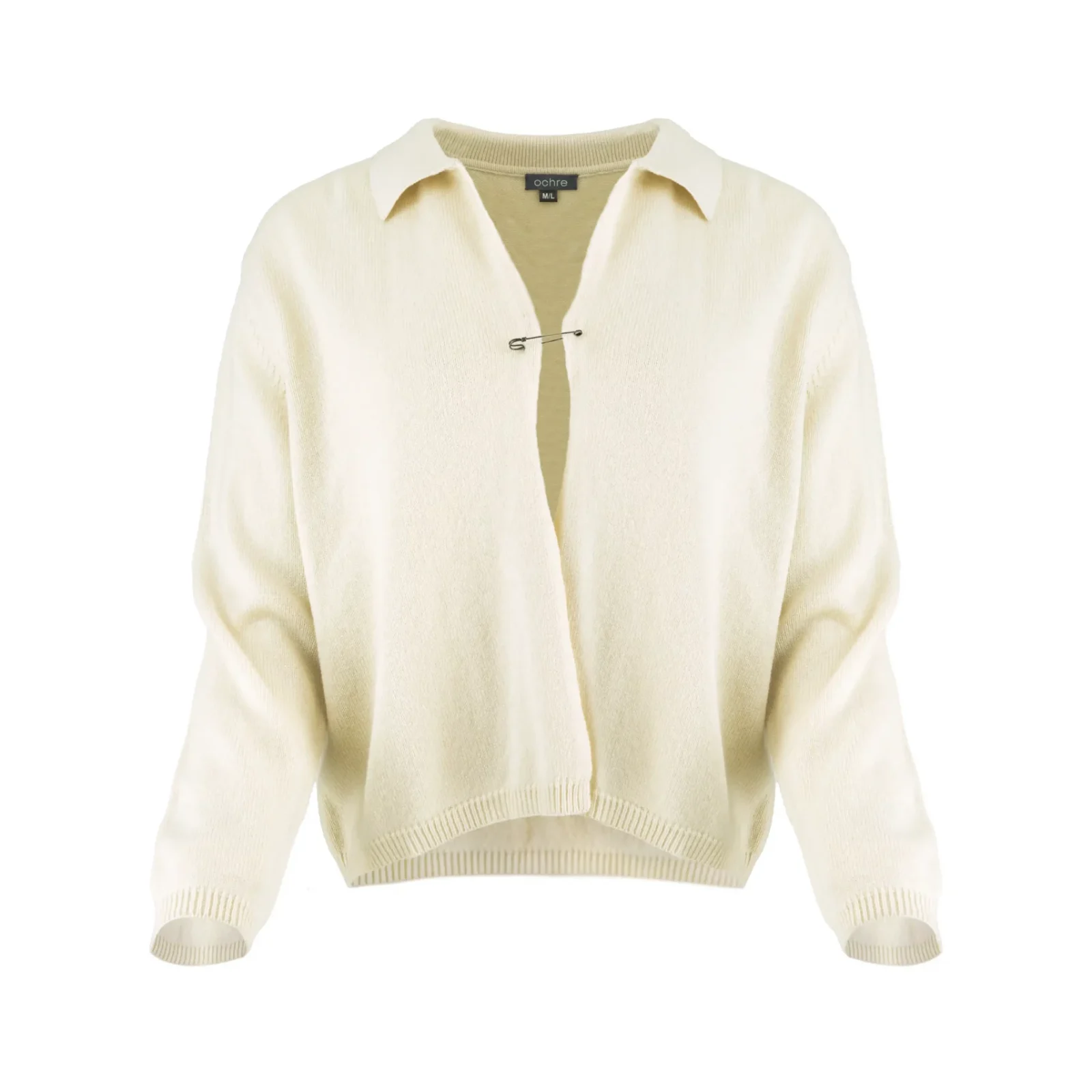 Carlota-cashmere-cardigan-buttermilk-front - Ochre Knitwear cashmere collared cardigan with pin fastening, relaxed fit in buttermilk colour, luxury women’s knitwear front view