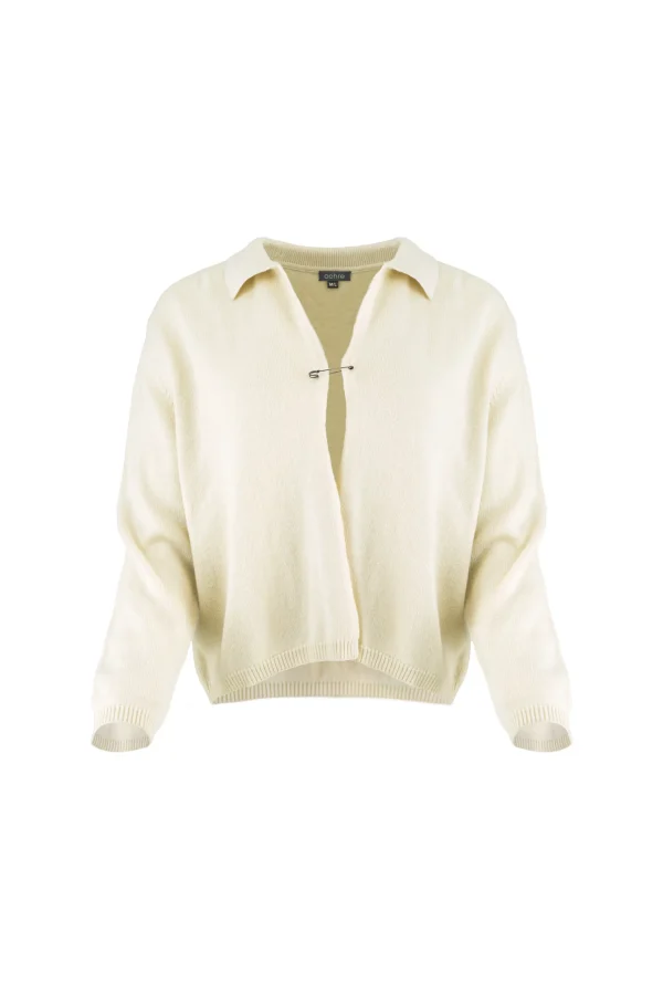 Carlota-cashmere-cardigan-buttermilk-front - Ochre Knitwear cashmere collared cardigan with pin fastening, relaxed fit in buttermilk colour, luxury women’s knitwear front view
