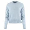 crew neck cashmere blend jumper with ribbed neckline and hem front view in chalk blue colour