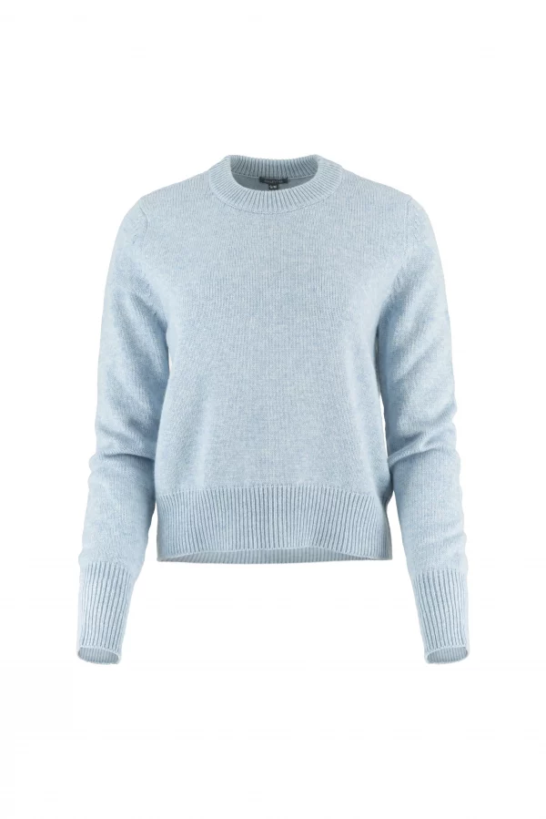 crew neck cashmere blend jumper with ribbed neckline and hem front view in chalk blue colour