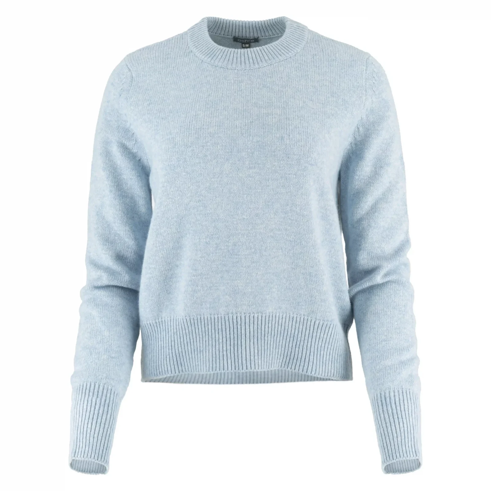 Lilia-crew-neck-jumper-chalk-blue-colour-front - Ochre Knitwear crew neck cashmere blend jumper with ribbed neckline and hem front view in chalk blue colour