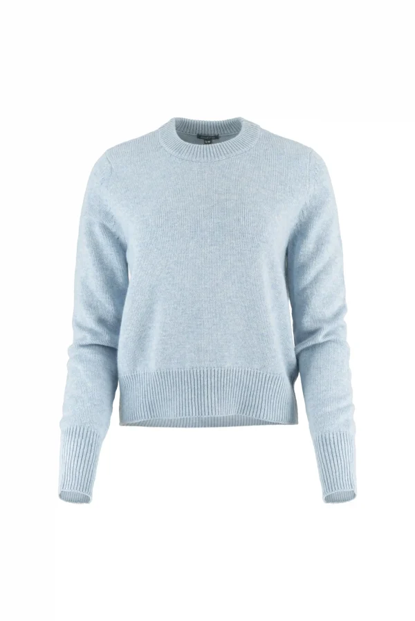 Lilia-crew-neck-jumper-chalk-blue-colour-front - Ochre Knitwear crew neck cashmere blend jumper with ribbed neckline and hem front view in chalk blue colour